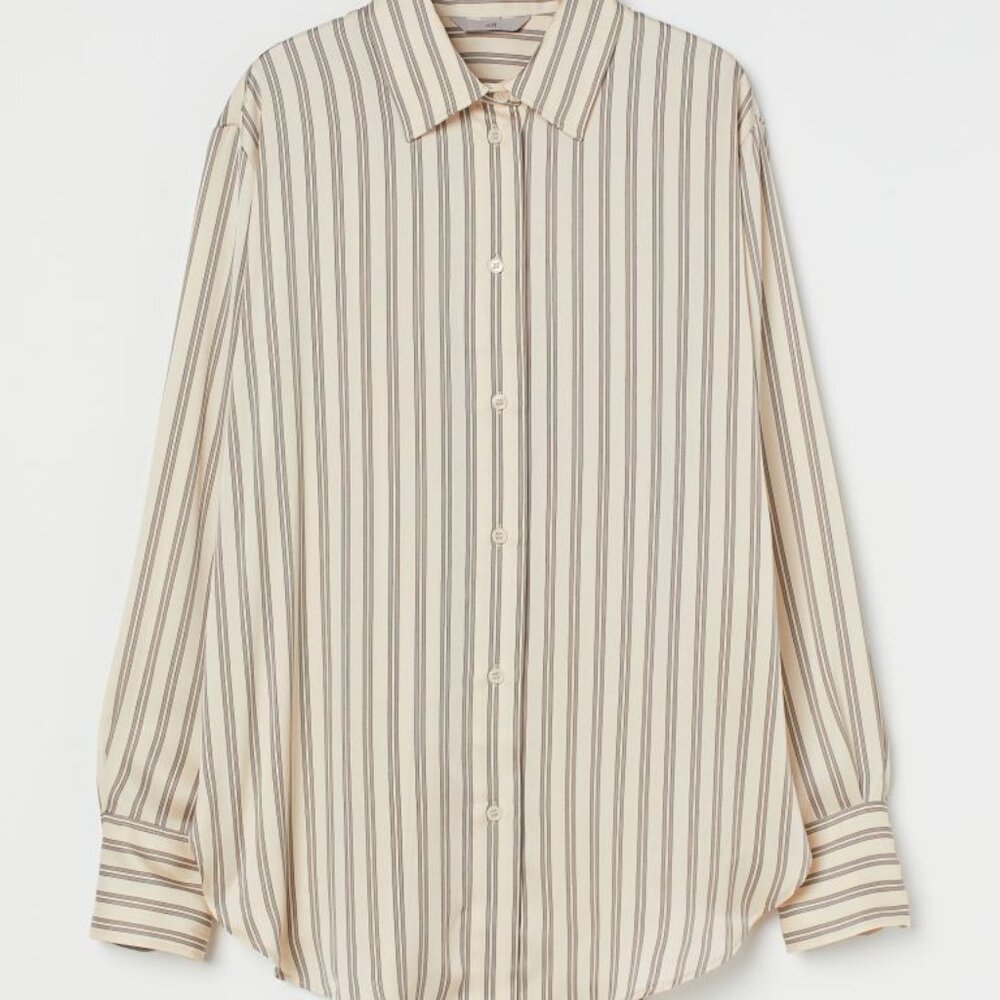 H&M Shirt With A Sheen Striped Satin Button Down Top Light Beige Size XS
